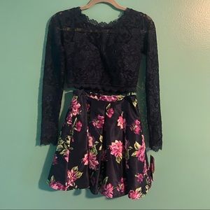 Two Piece Lace and Floral Semi Formal Dress